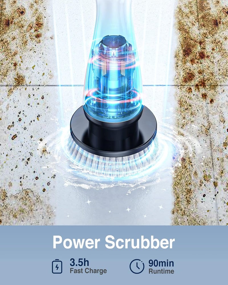 LABIGO Electric Spin Scrubber LA1 Pro, Cordless Spin Scrubber with 4 Replaceable Brush Heads and Adjustable Size Extension Handle Power Full Cleaning Brush for Bathroom Floor (Deep Black) - Image 2